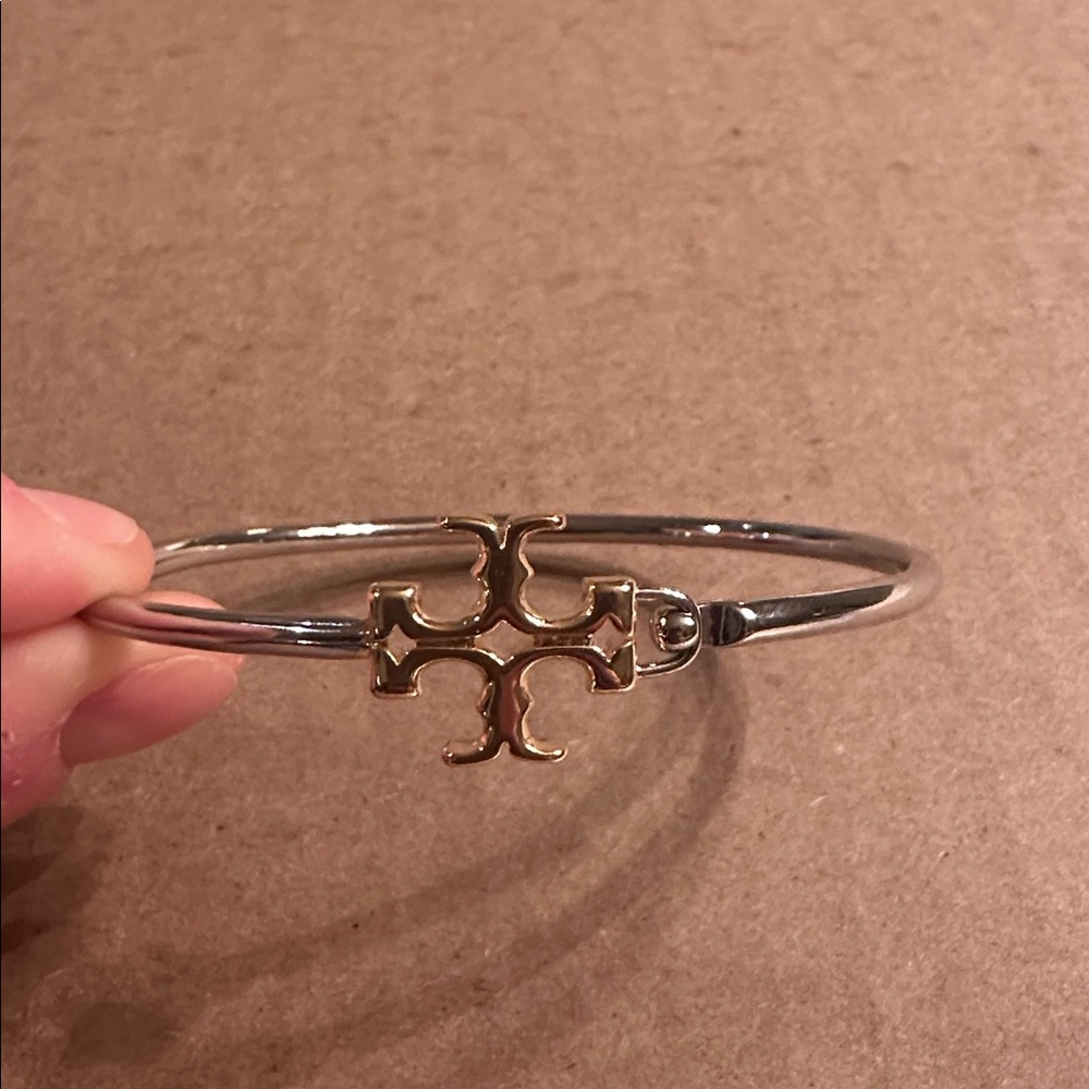 Tory Burch Two Toned Eleanor Hinged Cuff Bracelet - Picture 3 of 5